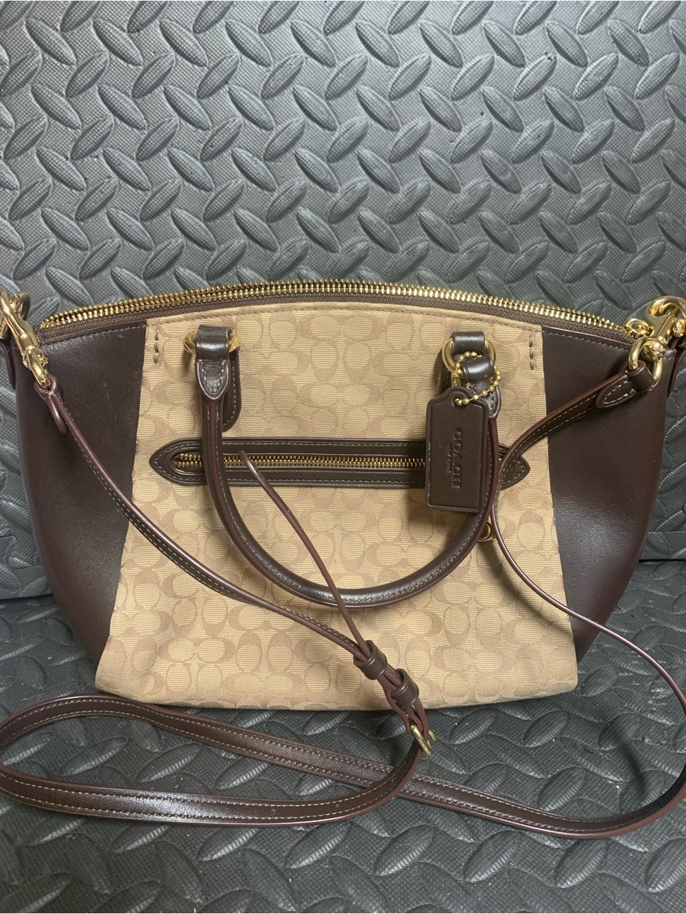 Coach Two-Tone Beige Signature Canvas and Brown Leather Shoulder Bag